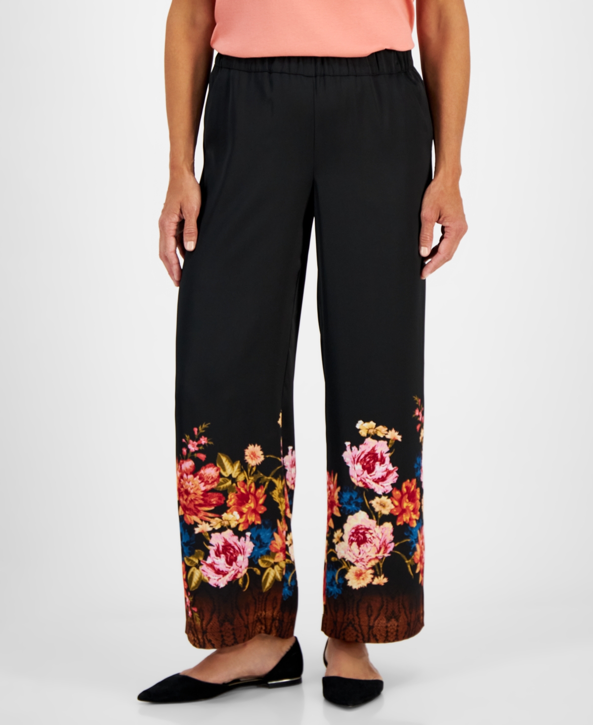 Jm Collection Petite Pull-On Floral Satin Pants, Created for Macy's