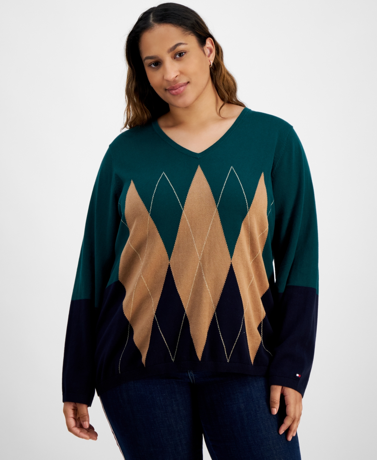 Tommy Hilfiger Plus Size Argyle Colorblocked Sweater In Forest Multi