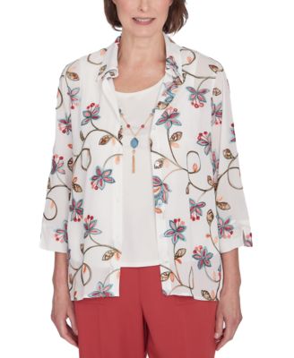 Alfred Dunner - Petite Warm Embroidered Two-In-One Necklace Top