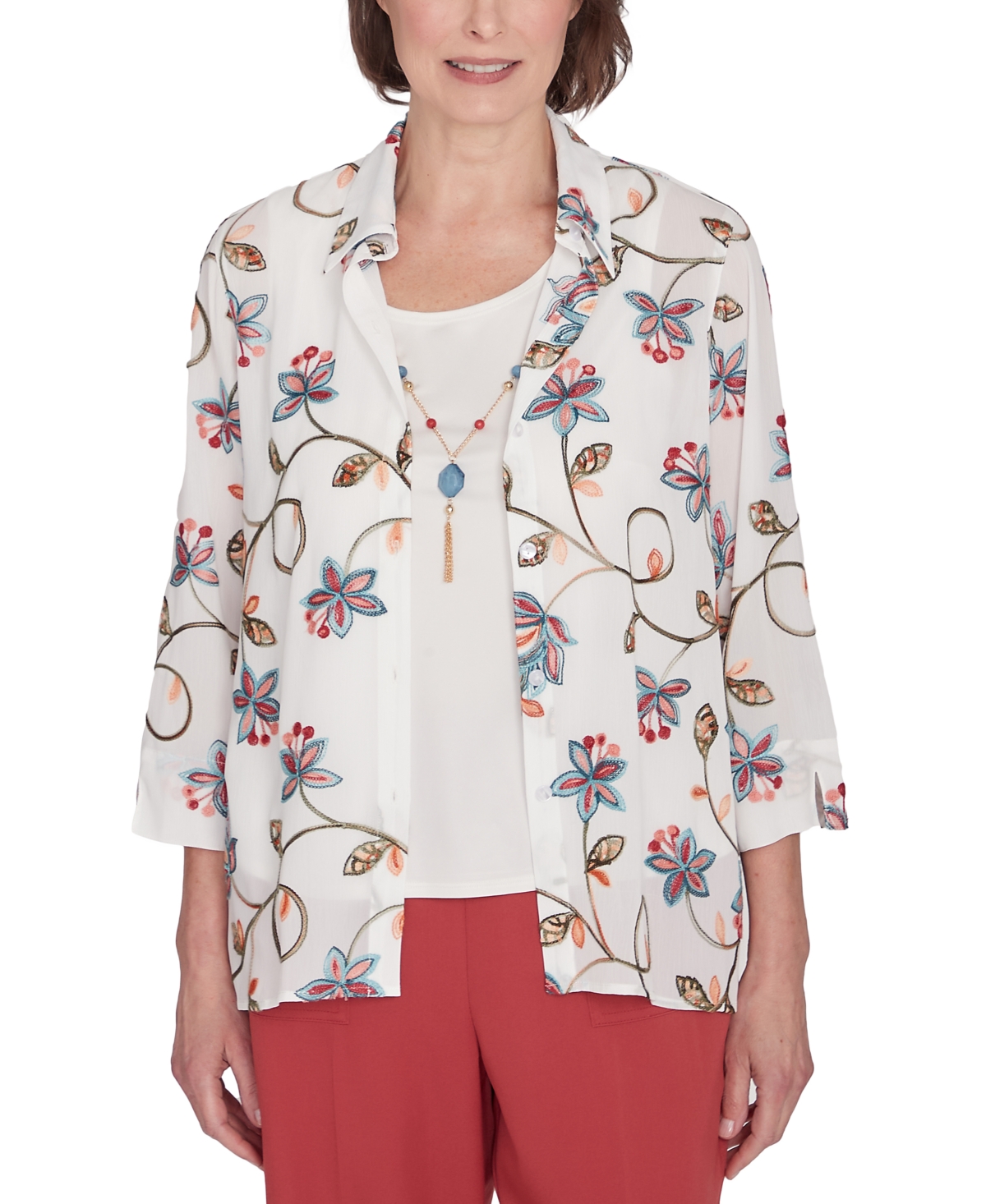Alfred Dunner Plus Size Sedona Sky Warm Embroidered Two In One Top With Necklace In Ivory