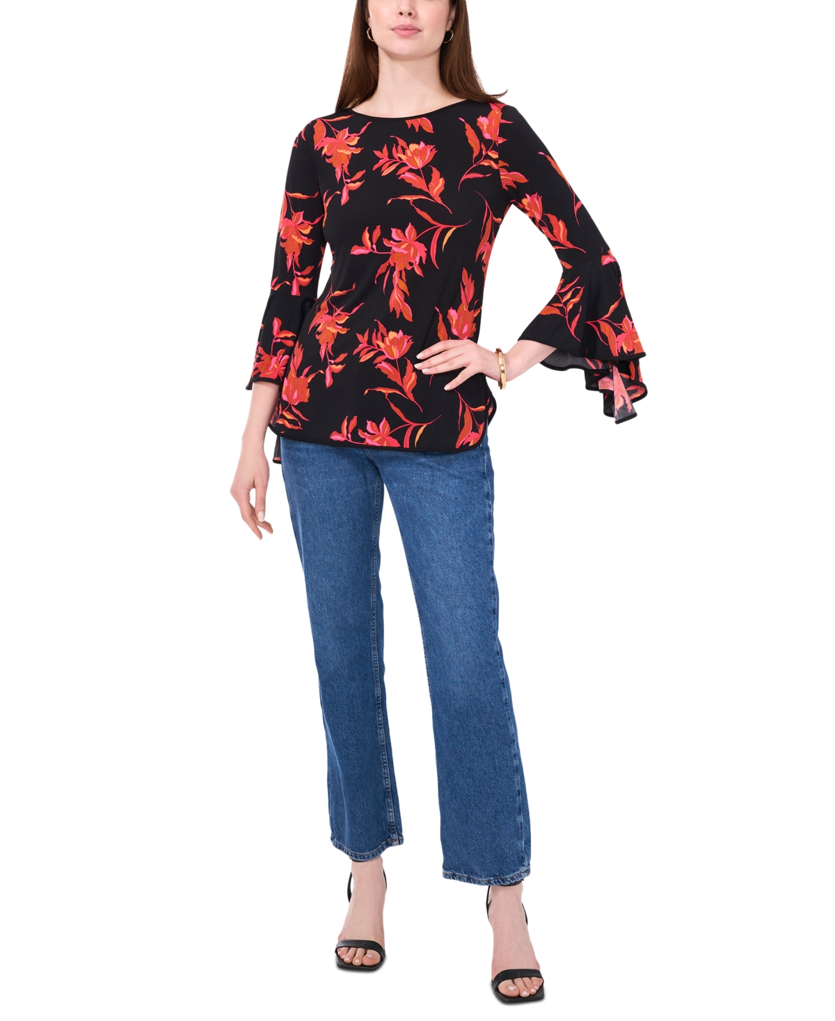 Sam & Jess Petite Floral-Print Bell-Sleeve Top -Red