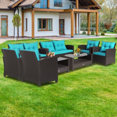 8 PCS Patio Rattan Furniture Set Glass Table Shelf Sofa Cushion Turquoise