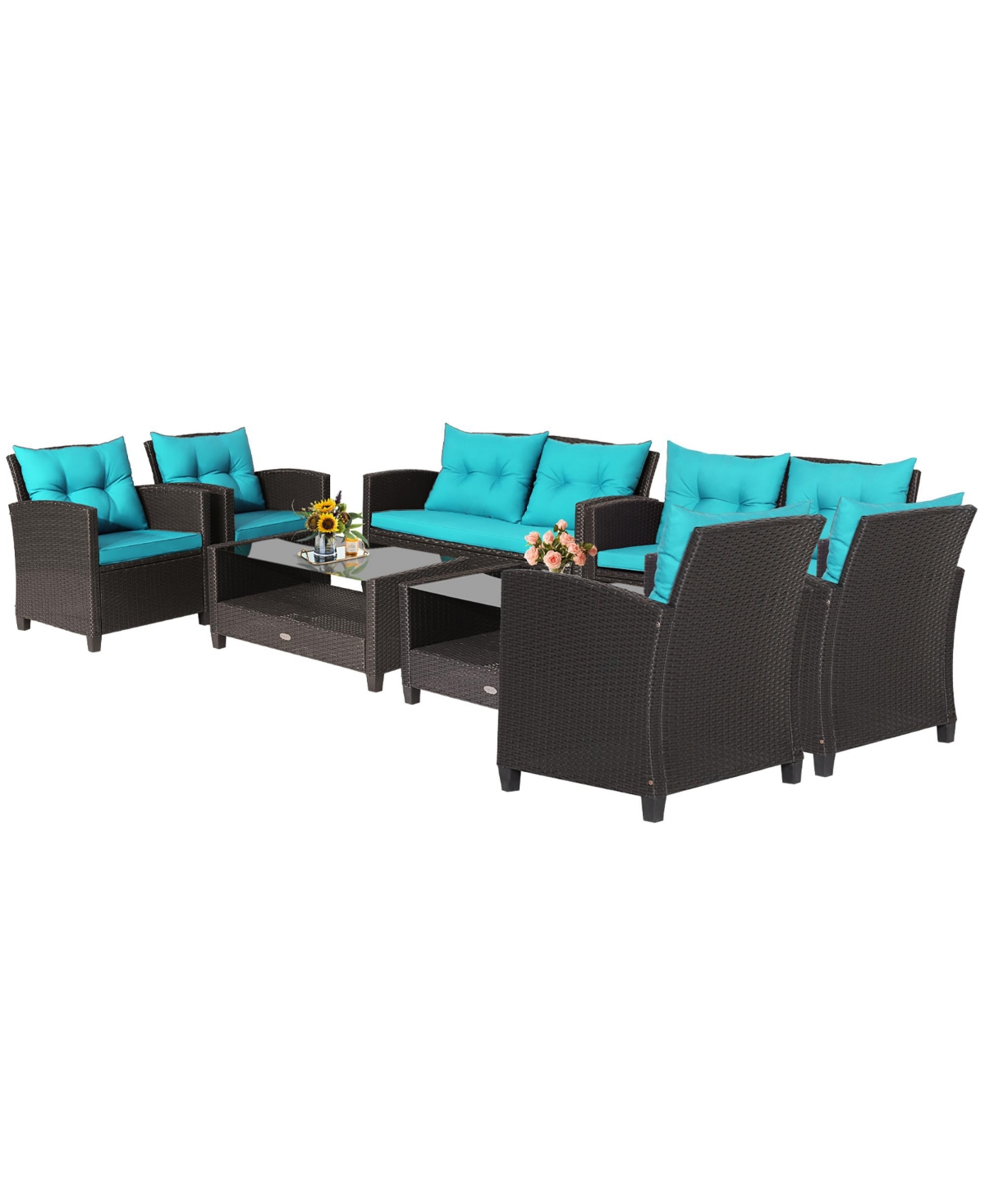 Costway 8 Pcs Patio Rattan Furniture Set Glass Table Shelf Sofa Cushion Turquoise