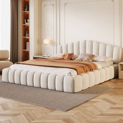 Streamdale Beige Velvet Queen Bed Frame with Shell-Shaped Headboard