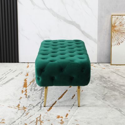 Velvet Button Tufted Bench with Gold Metal Legs