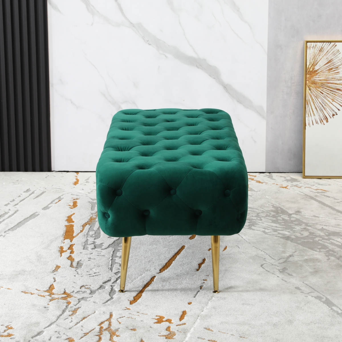 Velvet Button Tufted Bench with Gold Metal Legs, Green