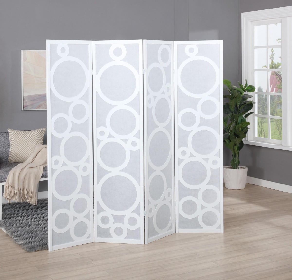 4-Panel Wood Room Divider with Circle Pattern, White
