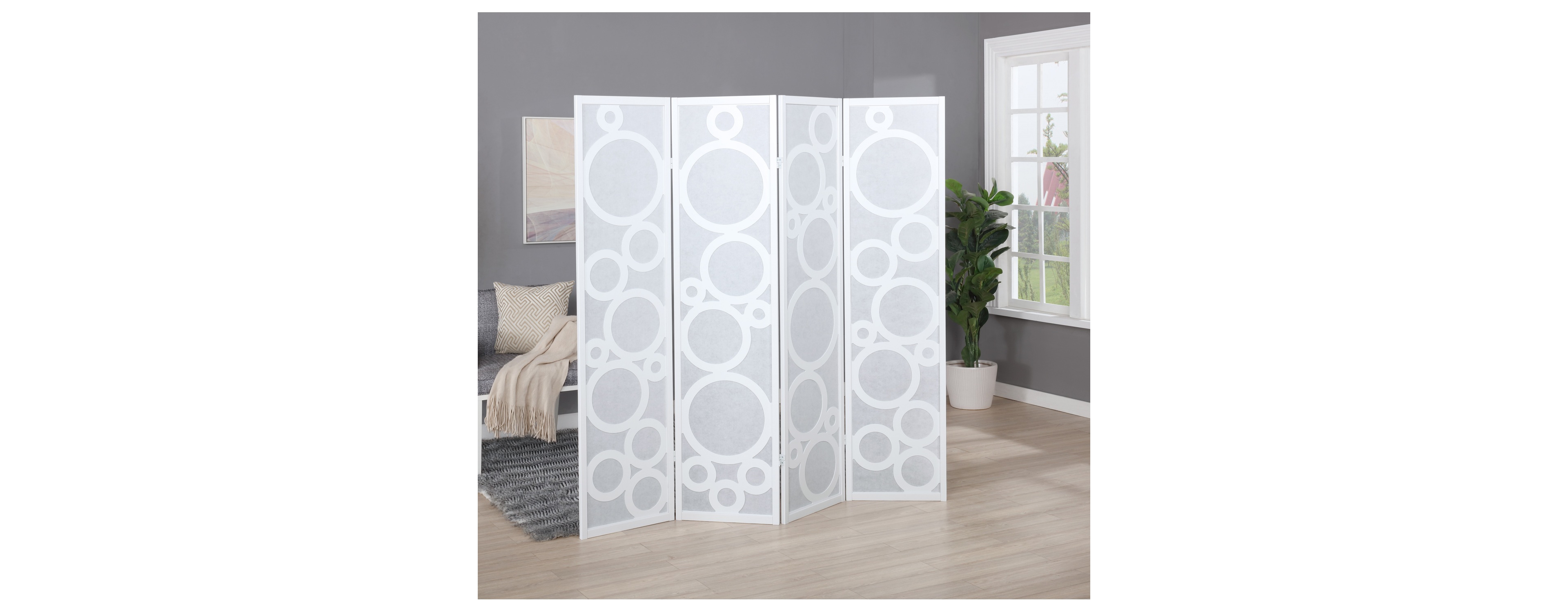4-Panel Wood Room Divider with Circle Pattern, White