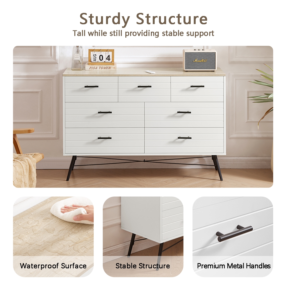 Streamdale Furniture Sturdy Bedroom Chest with 7 Drawers and X-Shaped Stabilizing Feet - White + light oak