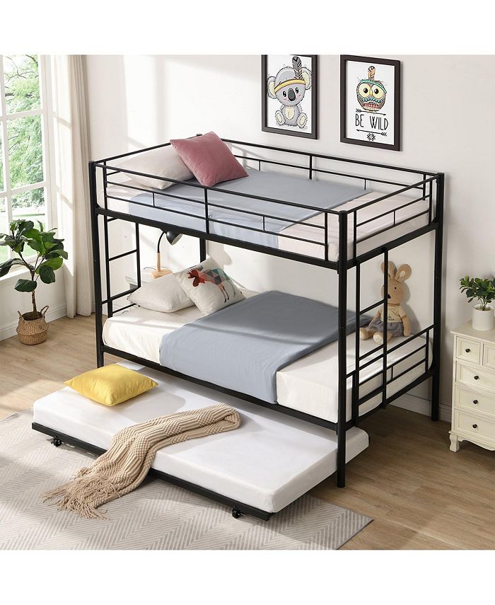 Mondawe Over Twin Bunk Bed Frame with Trundle,Metal Bunkbed with Sturdy Guard Rail and 2 Side