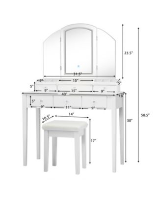 Vanity Table Stool Set with Large Tri-folding Lighted Mirror