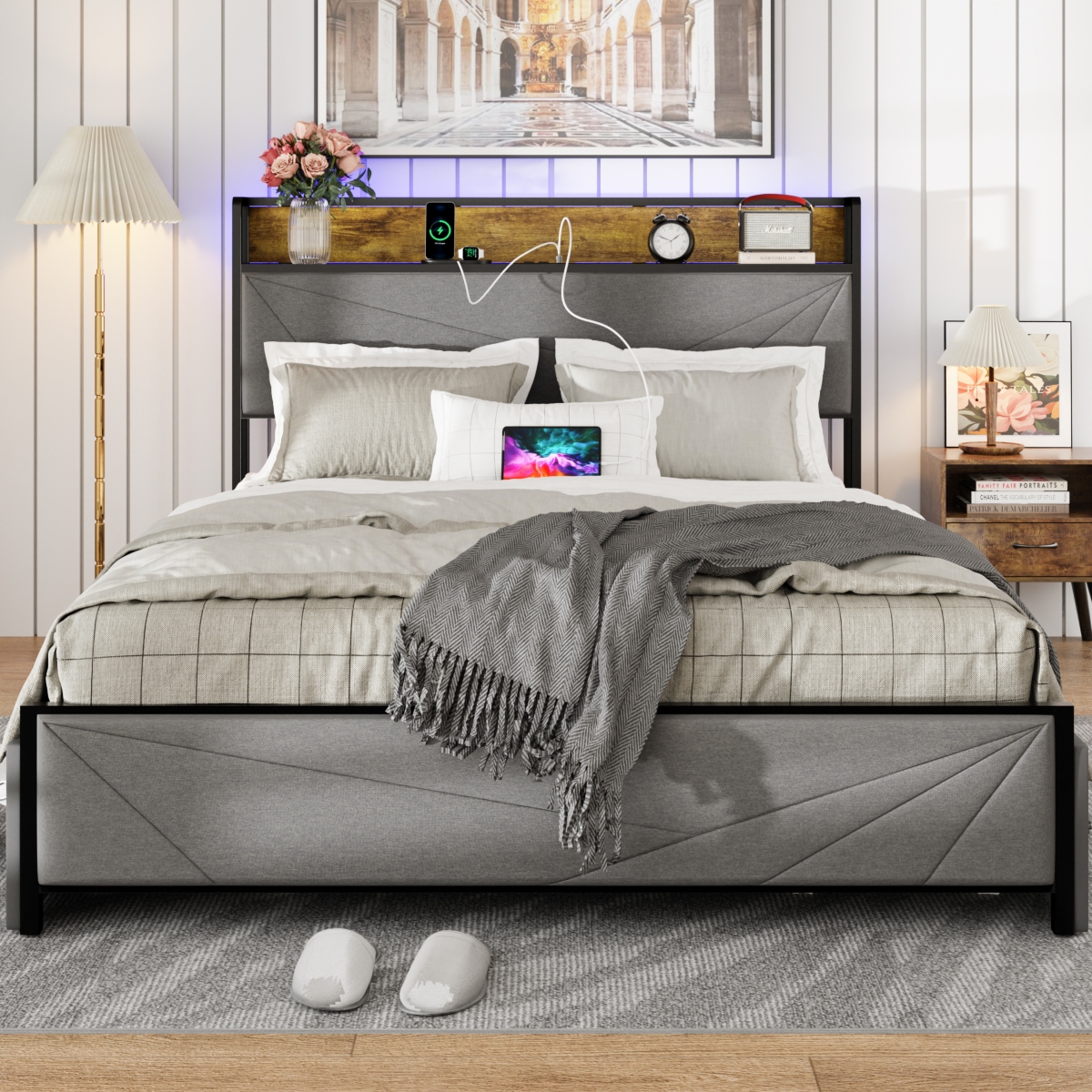 Streamdale Furniture Size Bed Frame with 4 Storage Drawers and 2 Usb Ports, Upholstered Platform Bed Frame with Storage Headboard Charging Stati