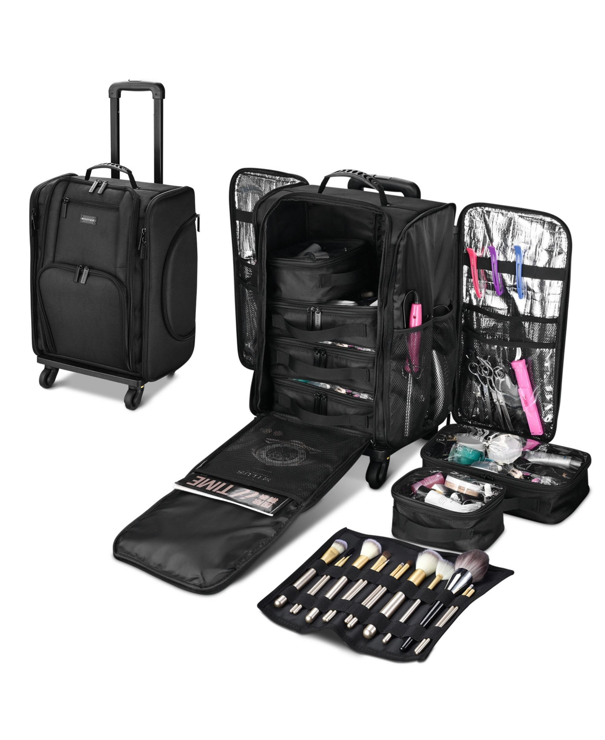Soft Sided Rolling Makeup Train Case Cosmetic Organizer Travel Artists - Black