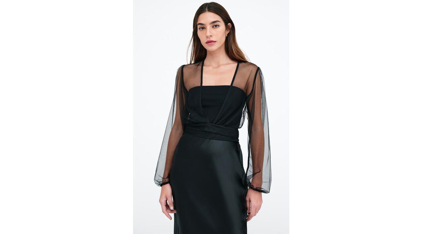 Женские болеро Marcella Verona V-Neck Puff-Sleeve Sheer Mesh Bolero with Ties, цвет: Чёрный — фото 1
