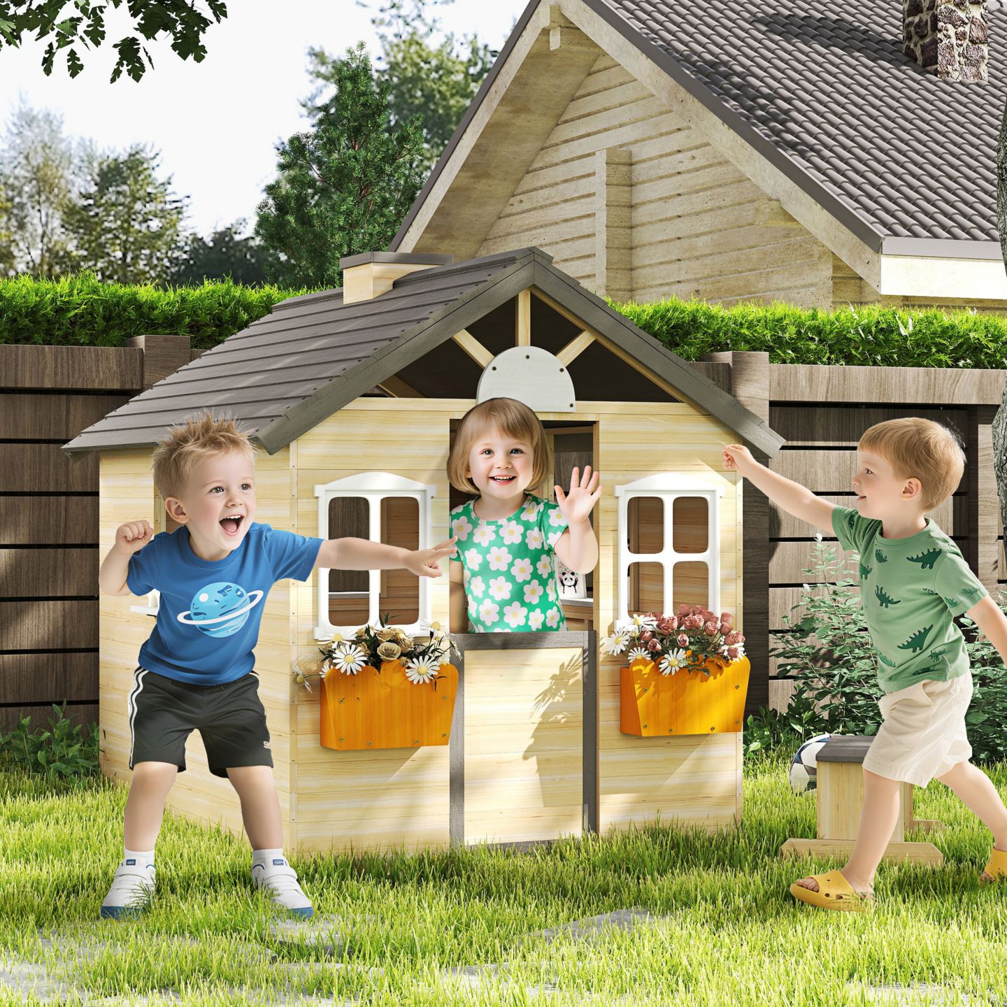 Детская игрушка Outsunny Wooden Outdoor Playhouse, Ages 3-7, цвет: Натуральный — фото 2