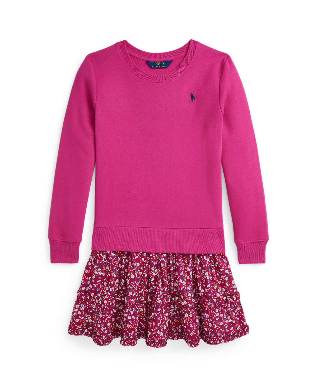 Polo Ralph Lauren Big Girls Floral Woven-Skirt Fleece Dress - NAVY