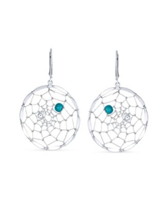 Blue Synthetic Turquoise Lever back Western Native American Indian Large Round Dream Catcher Earrings Sterling Silver