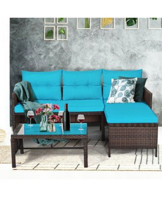 3 Pieces Outdoor Patio Corner Rattan Sofa Set-Turquoise