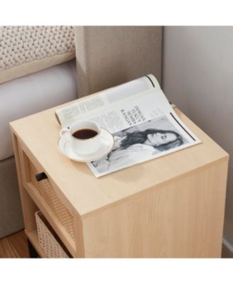1 Pc Wood Rattan Nightstand, 1-Drawer with Open Shelf