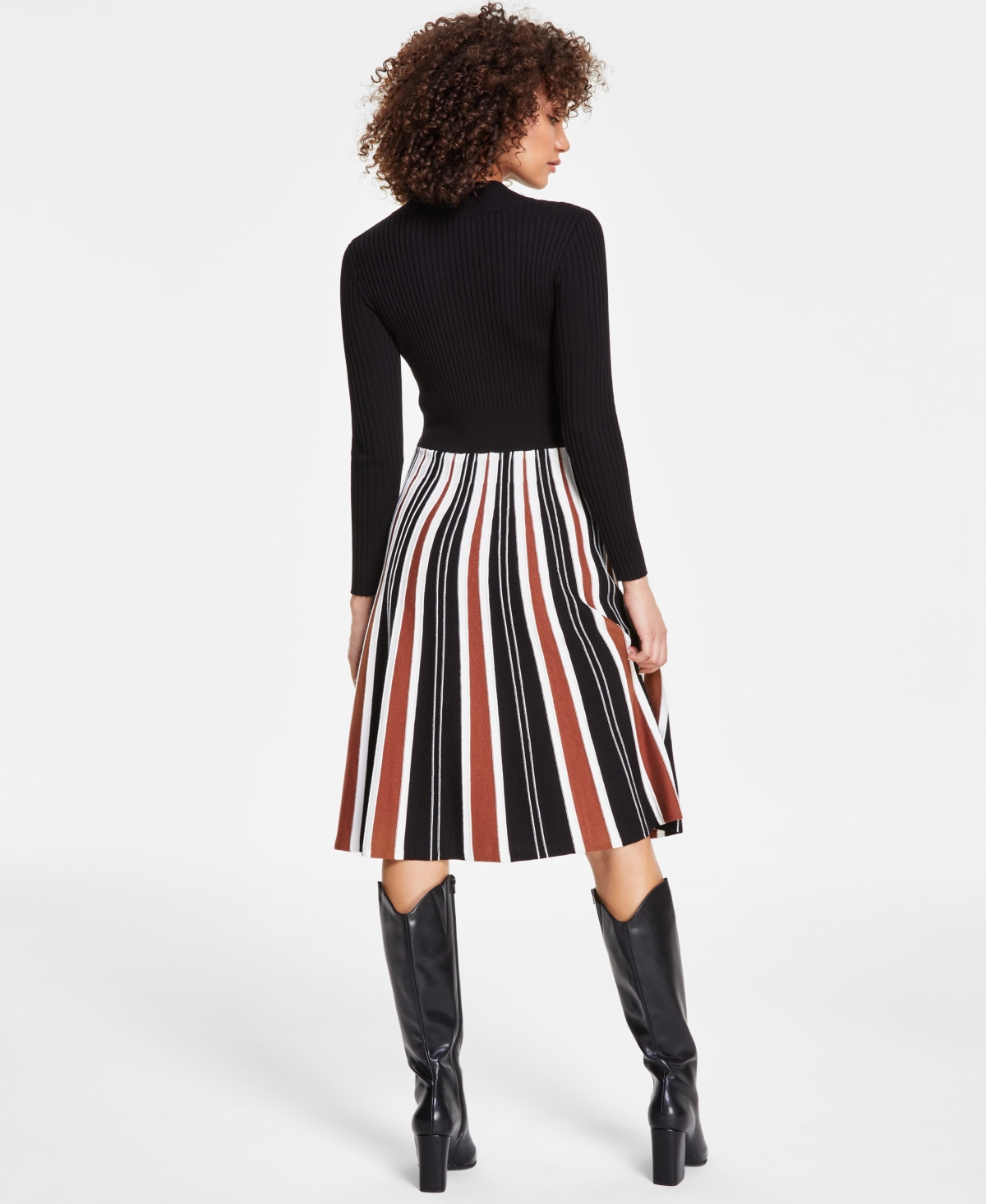 Robbie Bee Women's Long Sleeve Ribbed Knit Sweater Dress -Brown