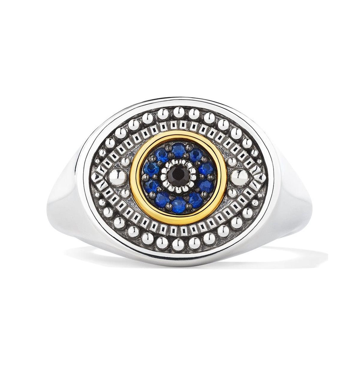 Little Luxuries Evil Eye Signet Ring with Black Sapphire, Blue Sapphire and 18K Gold - Silver/gold
