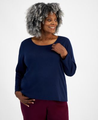 Style & Co - Plus Size Scoop-Neck Long-Sleeve Cotton Top