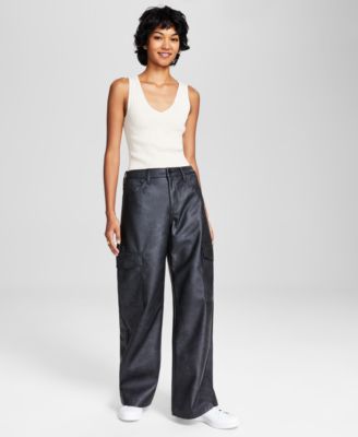 And Now This - Women's Faux-Leather High-Rise Cargo Jeans