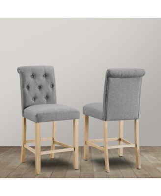 Siena Counter Height Button Tufted Back Solid Wood Stools, Set of 2, Gray