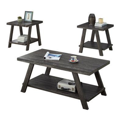 Contemporary Replicated Wood Shelf Coffee Set Table in Charcoal Finish