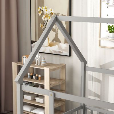 Wooden House Bed with Guardrails (Grey)