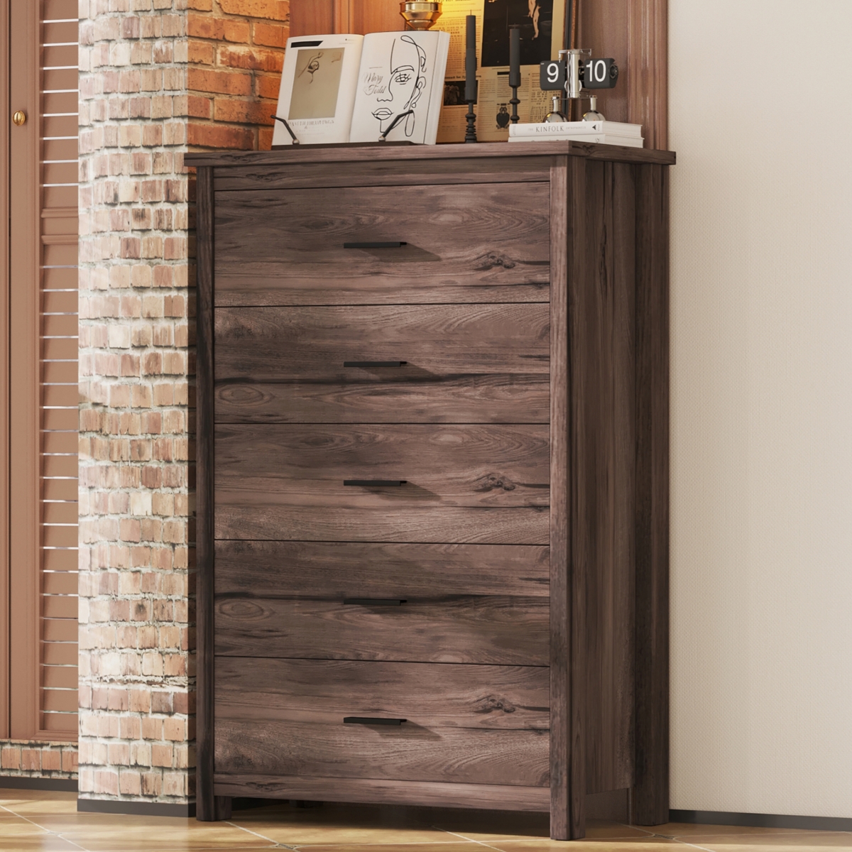 Streamdale Retro American Country Wooden Dresser with 5 Drawers for Storage