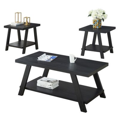 Contemporary Replicated Wood Shelf Coffee Set Table in Black Finish