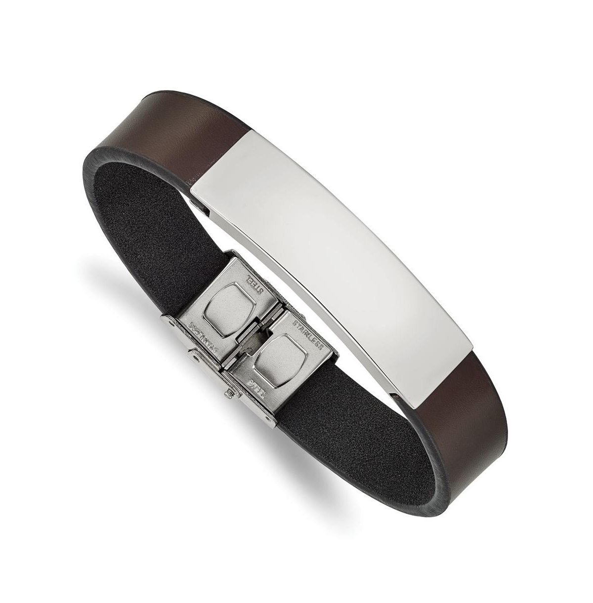 Stainless Steel Polished Brown Leather Id Bracelet