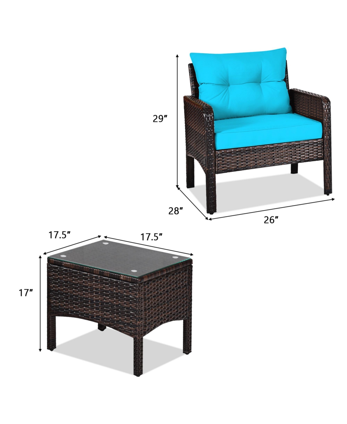 Gymax 3PCS Patio Outdoor Rattan Furniture Set w/ Coffee TableCushion - Turquoise/aqua+mix brown