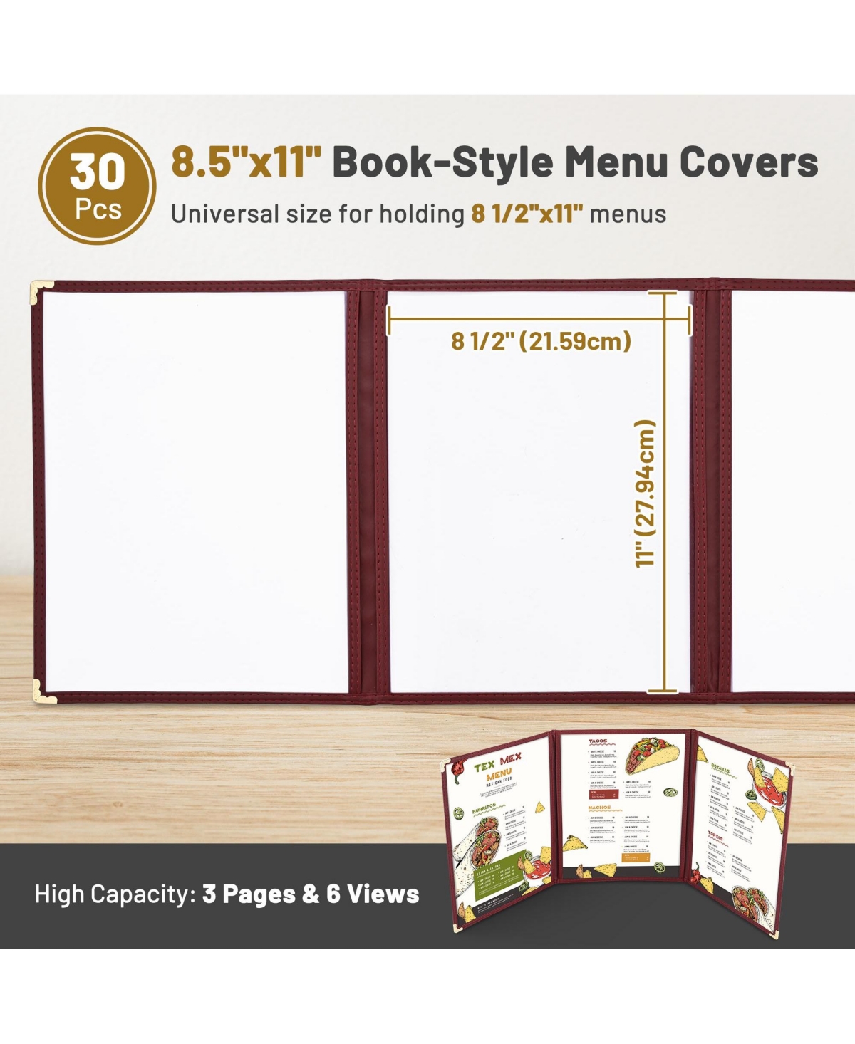 Yescom WeChef 30 Packs Restaurant Menu Covers 8.5 x 11 Triple Fold 3 Pages 6 Views- Burgundy