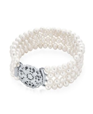 Antique Art Deco Style Wide Statement Four Multi Strand White Freshwater Cultured Pearl Bracelet Silver Plated Brass 7.5"