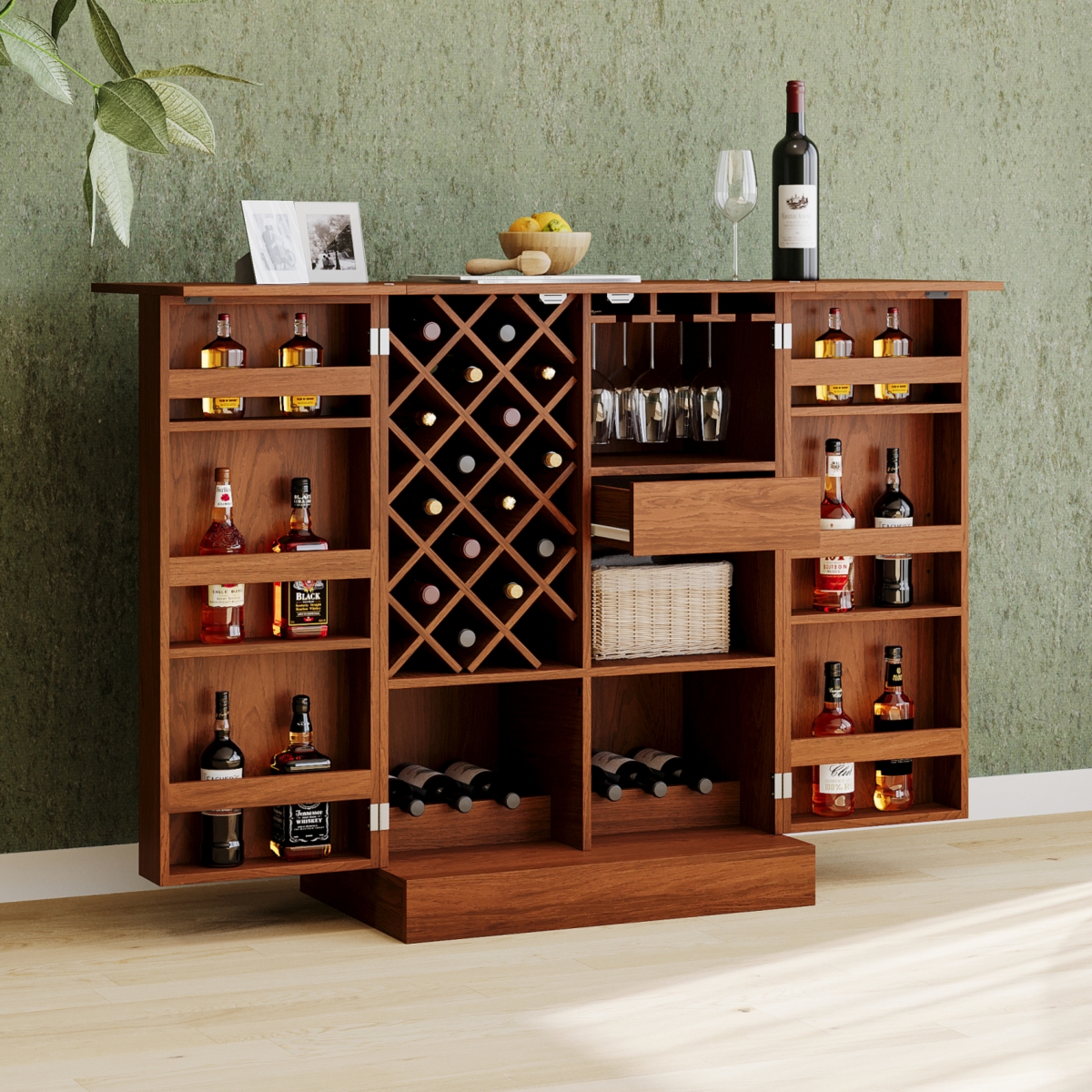 Streamdale Furniture Extendable Rattan Door Bar Cabinet with Wine and Glass Storage