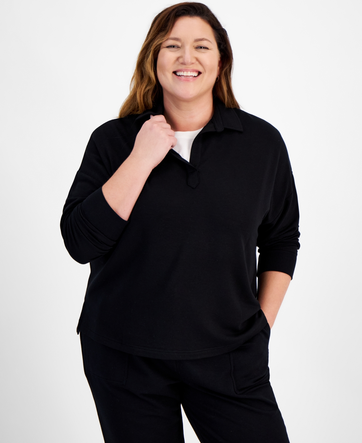 Style & Co Plus Size Johnny-Collar Long-Sleeve Top, Created for Macy's