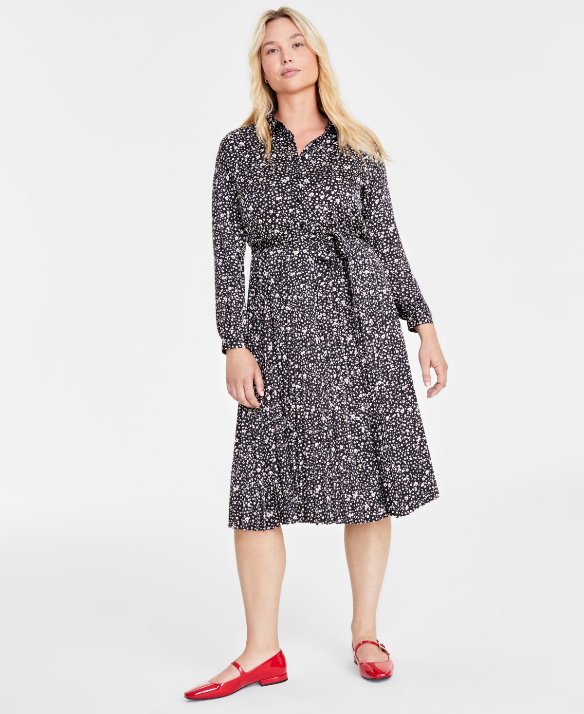 On 34th Women's Long-sleeve Pleated Shirtdress, Created For Macy's In Bloom Combo