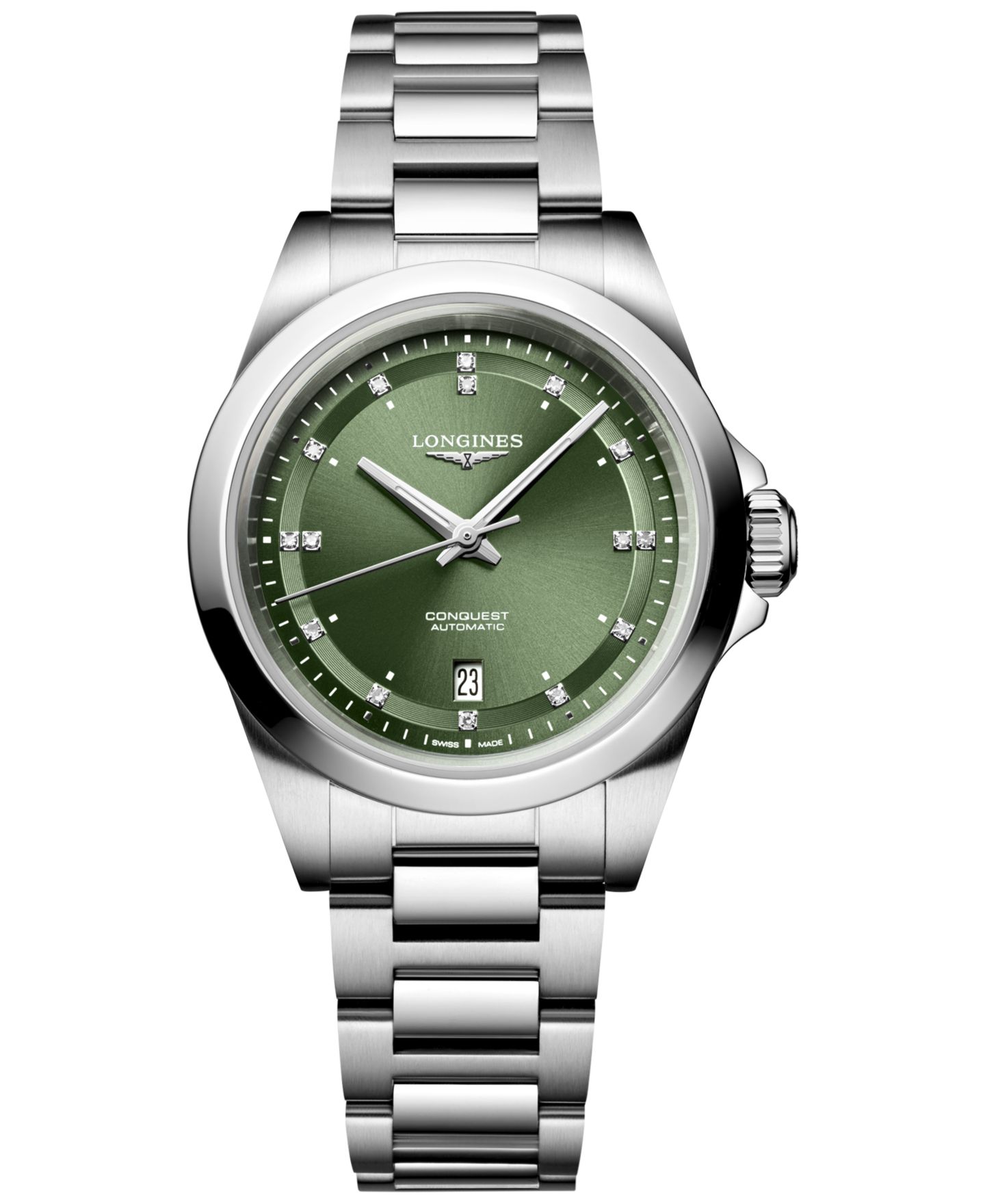Женские часы Longines Swiss Automatic Conquest Diamond (1/20 ct. t.w.) Stainless Steel Bracelet Watch 30mm — фото 1