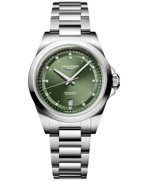 Женские часы Longines Swiss Automatic Conquest Diamond (1/20 ct. t.w.) Stainless Steel Bracelet Watch 30mm