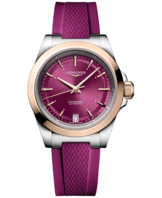 Longines - Women's Swiss Automatic Conquest Purple Rubber Strap Watch 34mm