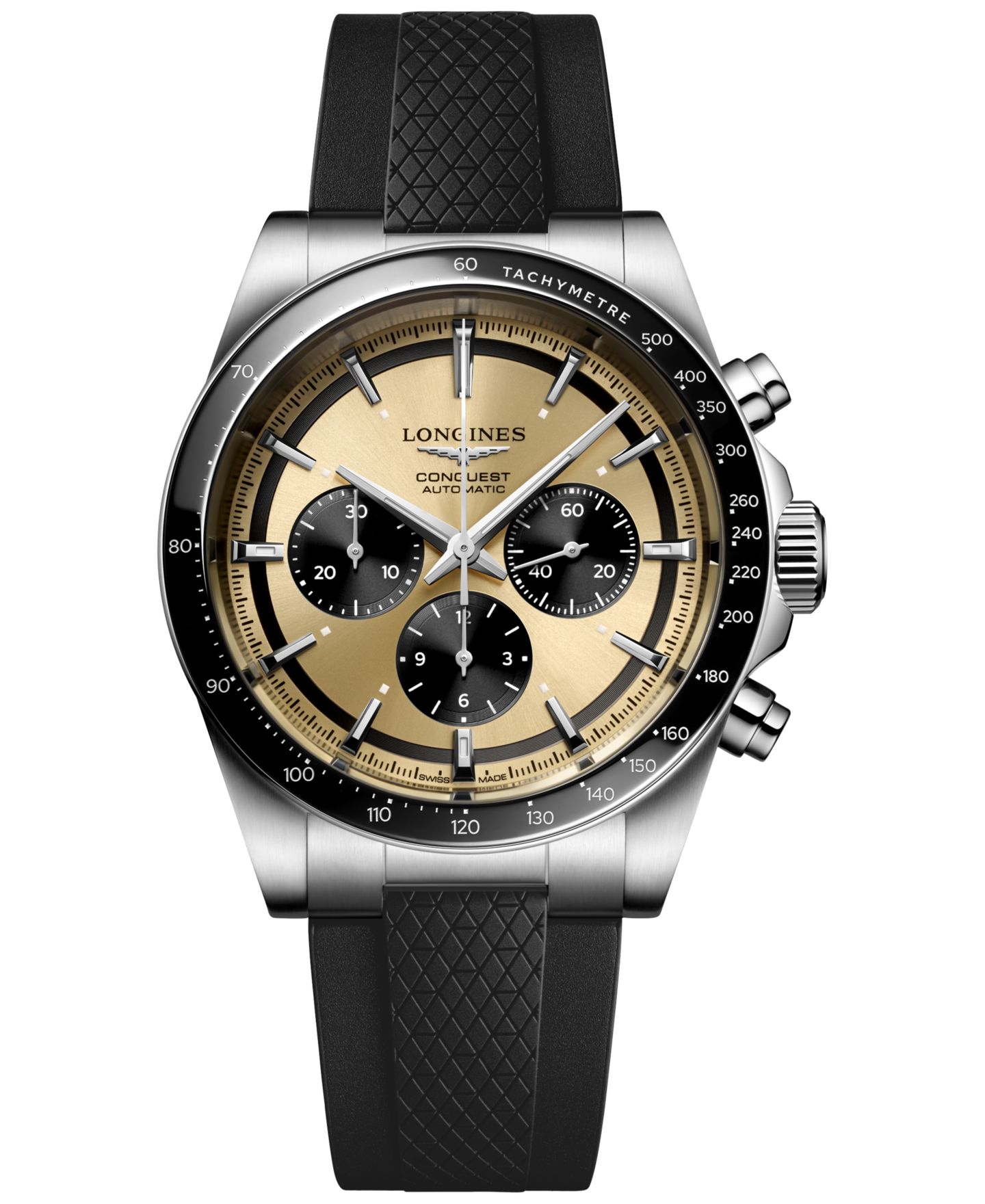 Мужские часы Longines Swiss Automatic Chronograph Conquest Black Rubber Strap Watch 42mm — фото 1