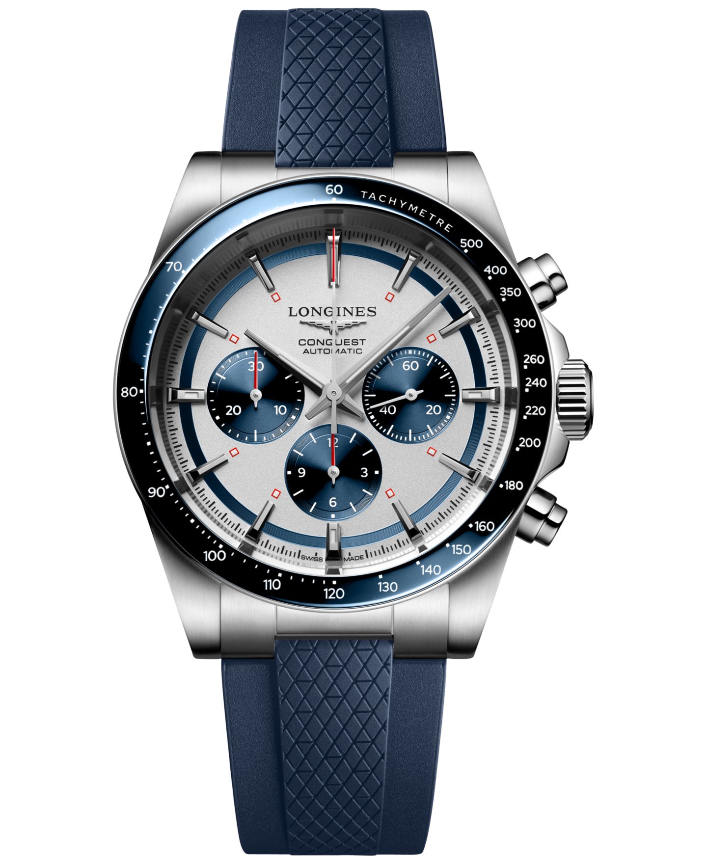Мужские часы Longines Swiss Automatic Chronograph Conquest Blue Rubber Strap Watch 42mm — фото 1