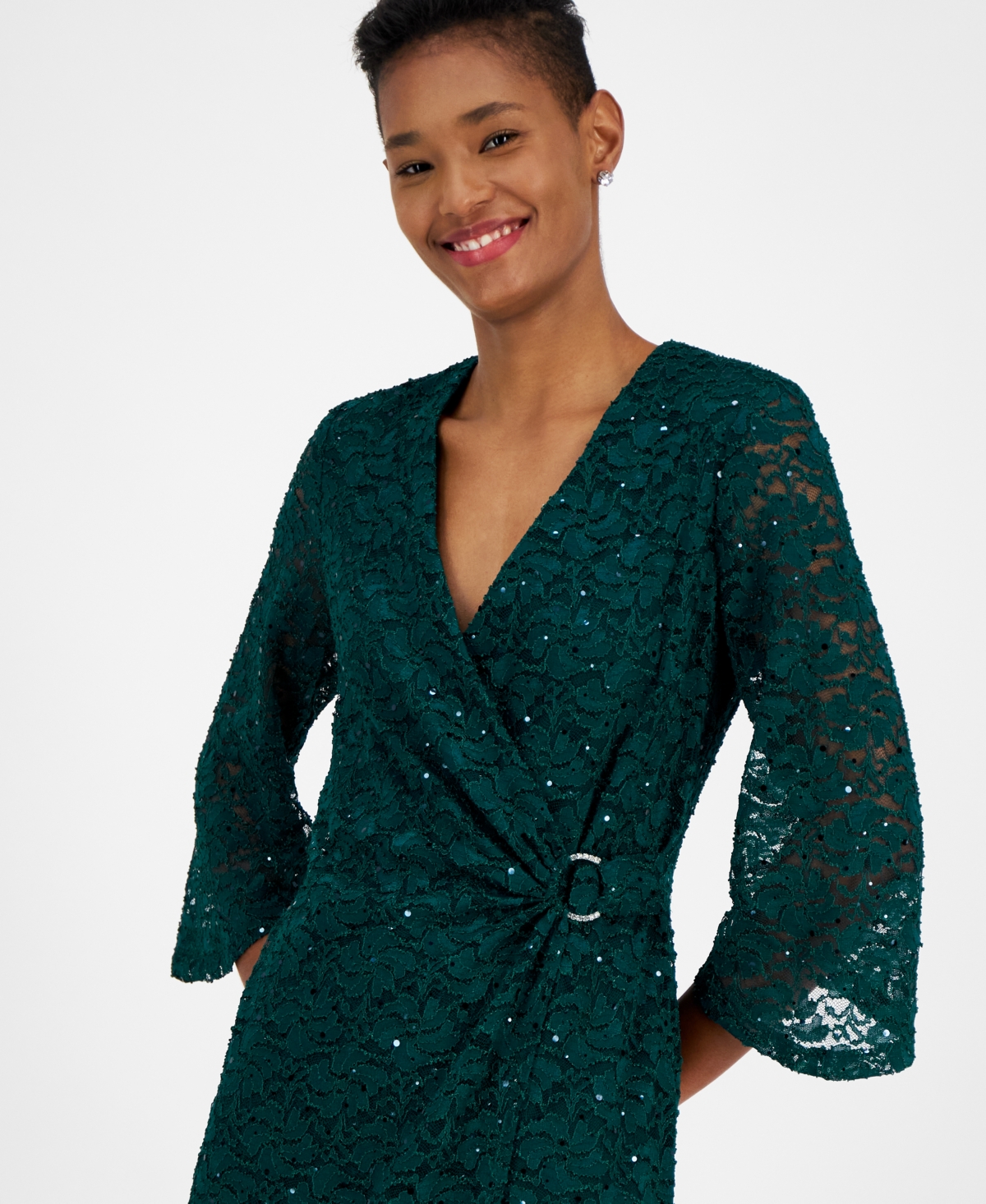 Connected Women's Sequin-Lace 3/4-Sleeve Faux-Wrap Dress