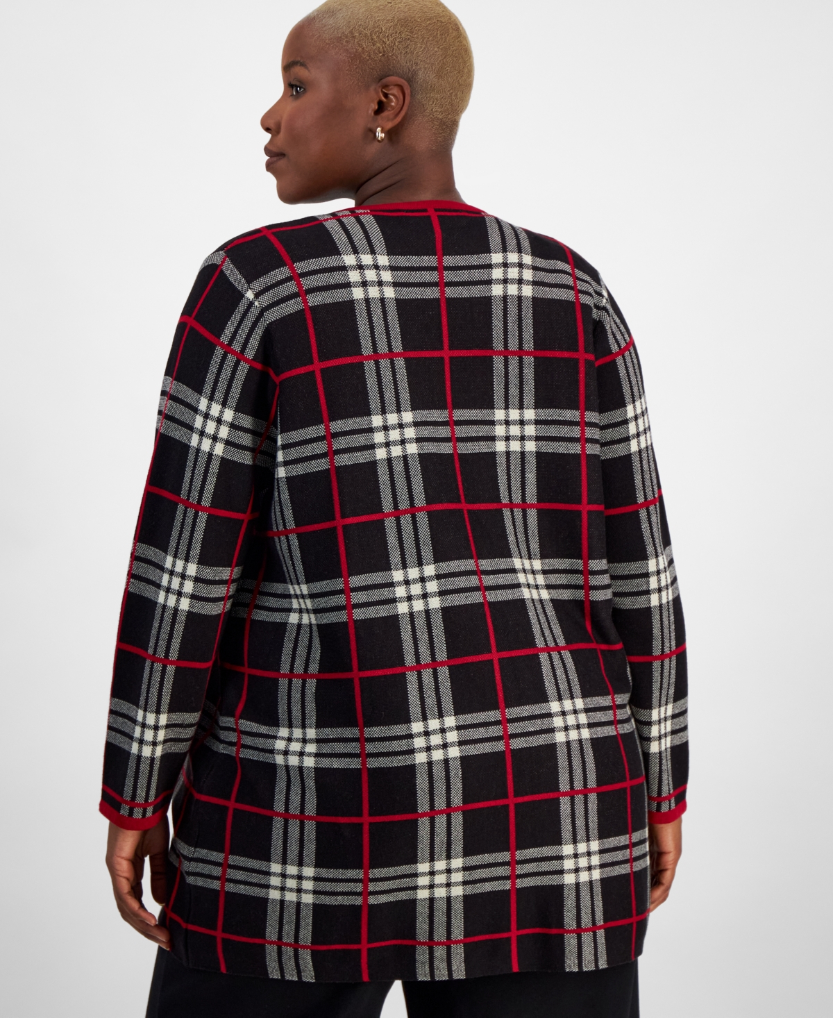 Kasper Plus Size Open-Front Plaid Long-Sleeve Cardigan