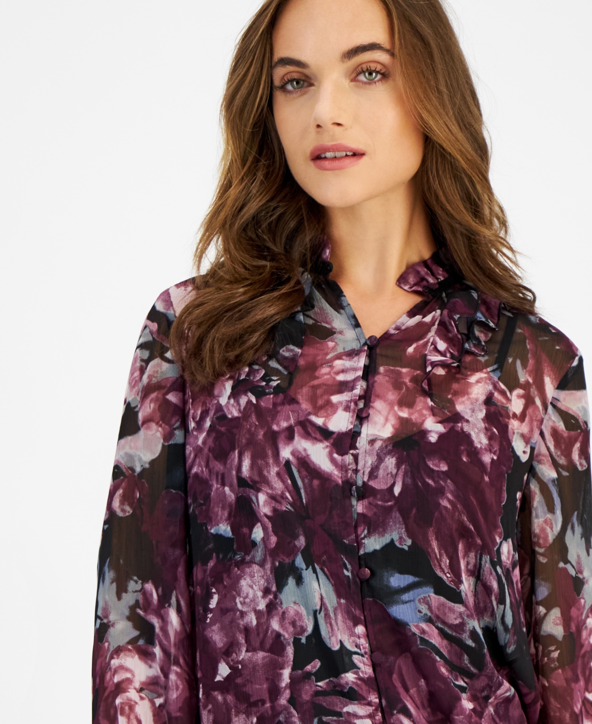 Anne Klein Women's Printed Long Sleeve Button-Front Shirt, Created for Macy's