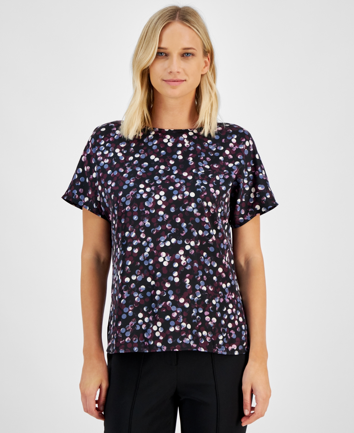 Anne Klein Women's Printed Dolman-Sleeve Side-Slit Top -DEEP PLUM