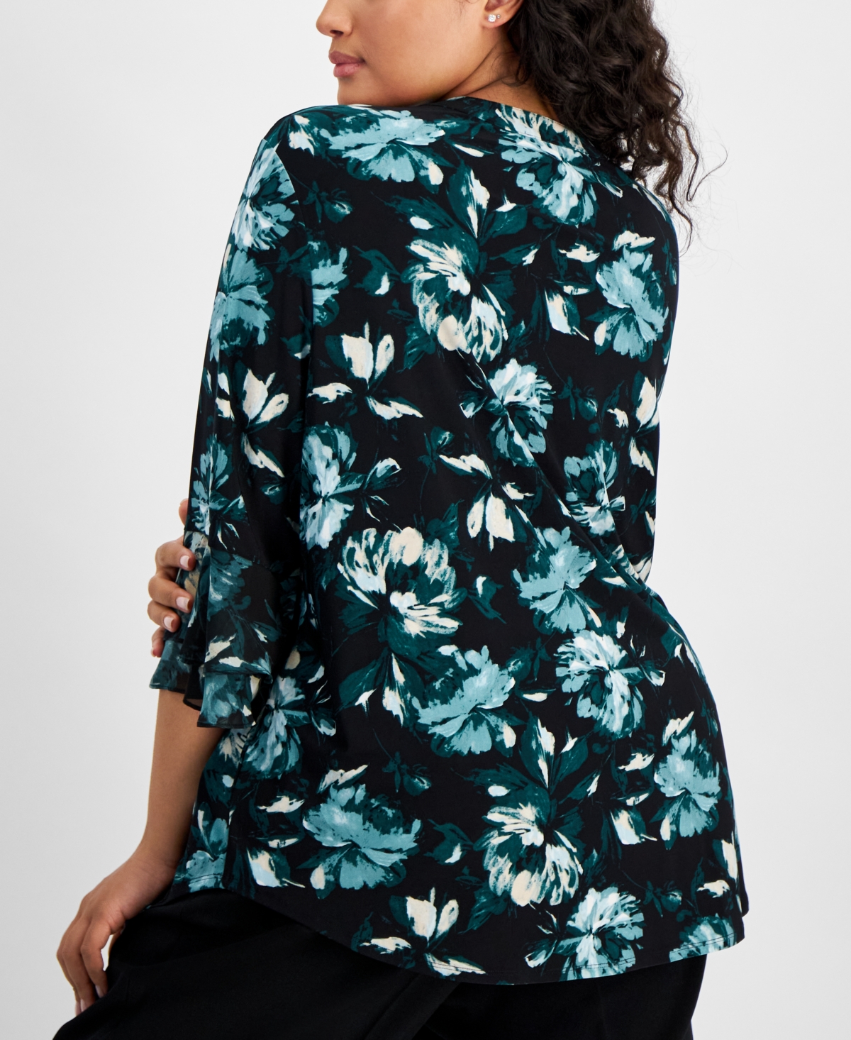 Kasper Plus Size Printed Split-Neck Bell-Sleeve Blouse