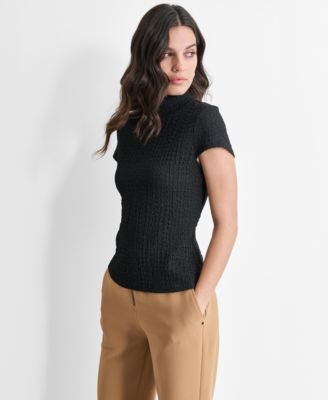 Women's Puckered Knit Mock Neck Cap-Sleeve Top